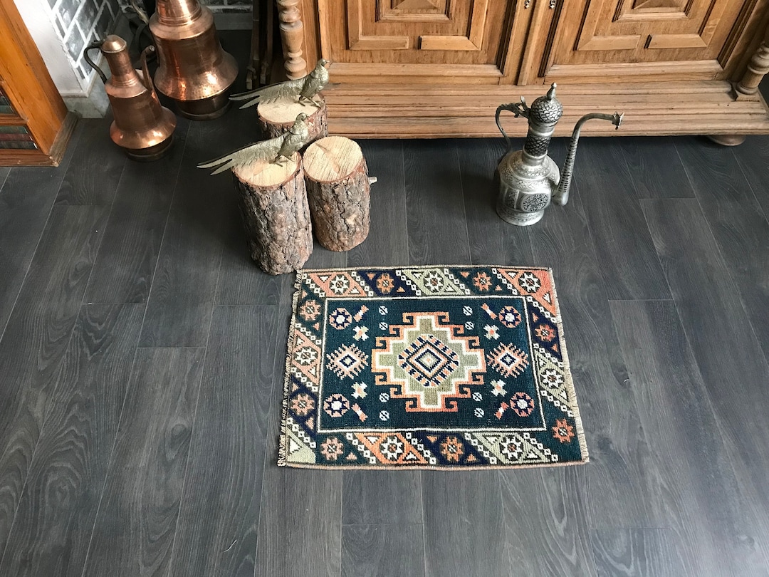 Antique Door Mat , Blue Door Mat , Persian Small Rug , Small Entry Rug
