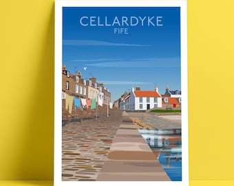 Póster de viaje de Cellardyke, Escocia: Impresión giclée de un pueblo costero