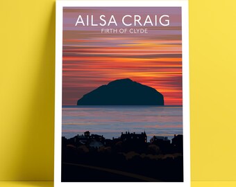 Ailsa Craig. Isla escocesa. Fiordo de Clyde. Póster turístico de Escocia.