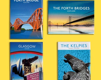 May include: Four rectangular magnets featuring Scottish landmarks. One shows The Forth Bridge in orange, another The Forth Bridges at sunset, one depicts Glasgow with a crane, and the last shows The Kelpies horse sculptures on a blue background.