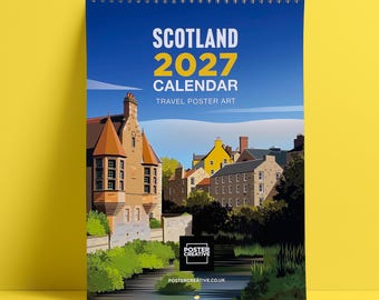 2027 Scotland Wall Calendar. A4-size Double Page Calendar. Scottish Travel Art, Original Illustrated Designs