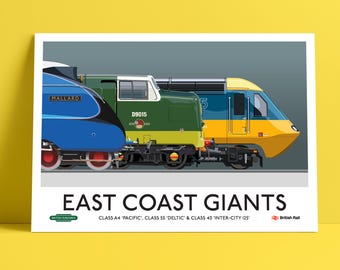 Póster de Ferrocarriles Británicos: Gigantes de la Costa Este. Arte ferroviario de estilo vintage.