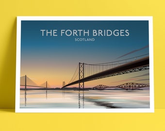 Los puentes de Forth, Fiordo de Forth, Edimburgo, Escocia, Impresión giclée de póster de viaje