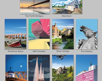 Tarjetas de felicitación con lugares emblemáticos de Escocia: Láminas artísticas de Escocia A6, 10 diseños