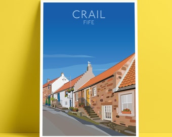 May include: A colorful illustration of a row of houses in Crail, Fife, Scotland. The houses are painted in shades of brown, white, and yellow, with red tile roofs. The sky is blue with white clouds.