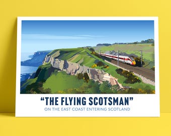 May include: A rectangular art print featuring a white and red train traveling along a coastal cliffside with green hills and blue water. The text reads "THE FLYING SCOTSMAN" ON THE EAST COAST ENTERING SCOTLAND in dark blue and light blue lettering.
