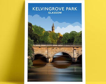 Póster del Parque Kelvingrove. Glasgow, Escocia. Impresión de póster turístico.
