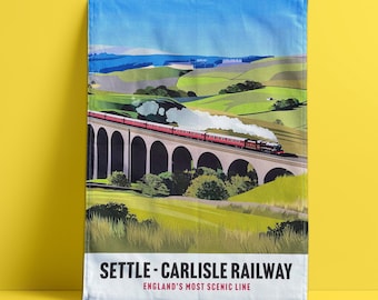 Paño de cocina del ferrocarril Settle-Carlisle: Arte ferroviario vintage, hecho en el Reino Unido