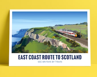 Póster de Ferrocarriles Británicos. Arte escocés. Tren Azuma. Impresión ferroviaria de estilo vintage.