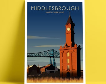 Middlesbrough, Transporter Bridge and Clock Tower, North Yorkshire (Portrait or Landscape), Giclée Travel Poster Print