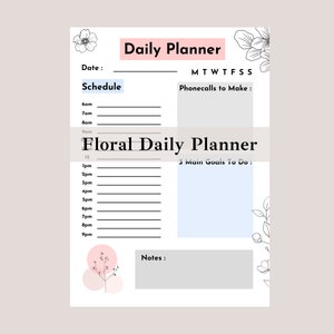 Könnte beinhalten: Ein druckbarer Tagesplaner mit floralem Thema. Der Planer enthält Abschnitte für die Planung, Telefonanrufe, Ziele und Notizen. Das Design zeigt ein rosa-weißes Blumenmuster.