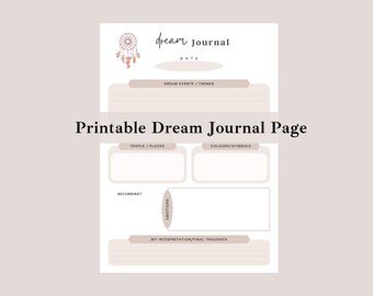 May include: Printable dream journal page with a dreamcatcher illustration. The page includes sections for dream events, people, places, colors, symbols, recurring themes, emotions, and interpretation.