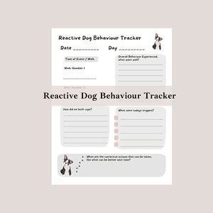 May include: A printable reactive dog behaviour tracker featuring a black and white dog illustration. The tracker includes sections for date, day, time of event, overall behaviour experienced, how the dog and owner coped, and triggers.