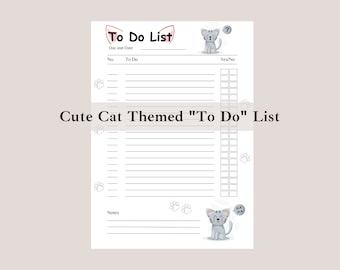 Cat Themed To Do List, Cute Cat To Do List Planner, Printable To Do List Cat Note Page, Cat Daily Planner Note Page Planner, Cat Stationery