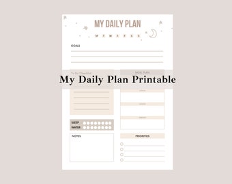 May include: A printable daily planner with a beige background and stars. The planner includes sections for goals, to-do list, meal plan, sleep, water, notes, and priorities.