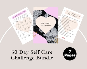 May include: A 30-day self-care challenge bundle with seven pages. The bundle includes a printable calendar and a list of activities. The calendar is titled "30 Day Love Affair" and the activity list is titled "30 Day Love Affair Activity List". The background of the image is a light pink color with black and white floral patterns.