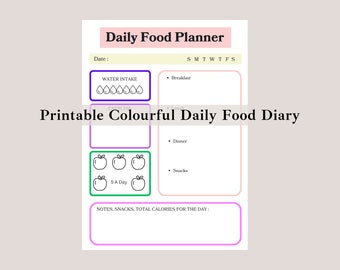 Printable Food Diary A4, Printable Daily Food Log, Food Diary Tracker Journal Page, Daily Wellness & Food Tracker, Daily Food Journal PDF