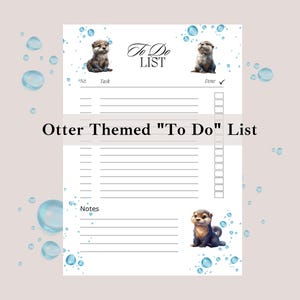 Könnte beinhalten: Eine druckbare "To Do"-Liste mit Otter-Motiv. Die Liste hat einen Bereich für Aufgaben und Notizen. Der Hintergrund zeigt blaue Blasen und zwei Otter.