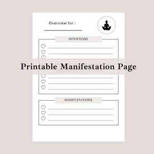 Könnte beinhalten: Druckbare Manifestationsseite mit einer Schwarzweißillustration einer Person, die meditiert. Die Seite hat Abschnitte für Absichten und Manifestationen mit Zeilen zum Schreiben und Herzen zum Abhaken.