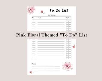 Pink Floral Themed To Do List, Flowery To Do List Planner, Printable Floral To Do List, Colourful Flowers To Do List, Floral Printable Notes