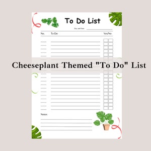 Könnte beinhalten: Eine druckbare To-Do-Liste mit tropischem Thema. Die Liste hat einen Titel, der "To Do List" lautet, und Abschnitte für "No.", "To Do" und "Yes/No". Die Liste hat auch einen Abschnitt für Notizen. Der Hintergrund der Liste ist weiß und hat grüne Blätter und rosa Bänder.