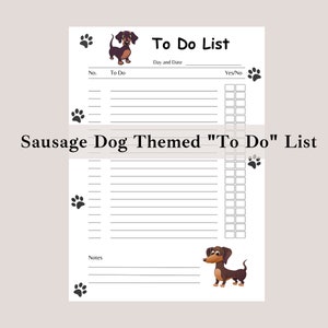 Pode incluir: Lista de tarefas imprimível com um cão salsicha de desenho animado. A lista tem seções para "Fazer", "Sim/Não" e "Notas".