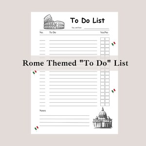 Könnte beinhalten: Eine druckbare To-Do-Liste mit Rom-Thema. Die Liste zeigt Bilder vom Kolosseum und Pantheon. Die Liste enthält einen Abschnitt für Notizen.