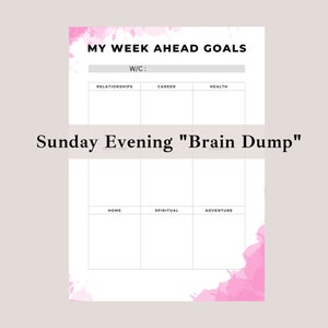 May include: A printable planner page with a pink watercolor background. The page is titled "My Week Ahead Goals" and includes sections for relationships, career, health, home, spiritual, and adventure. The page also includes the text "Sunday Evening "Brain Dump"".