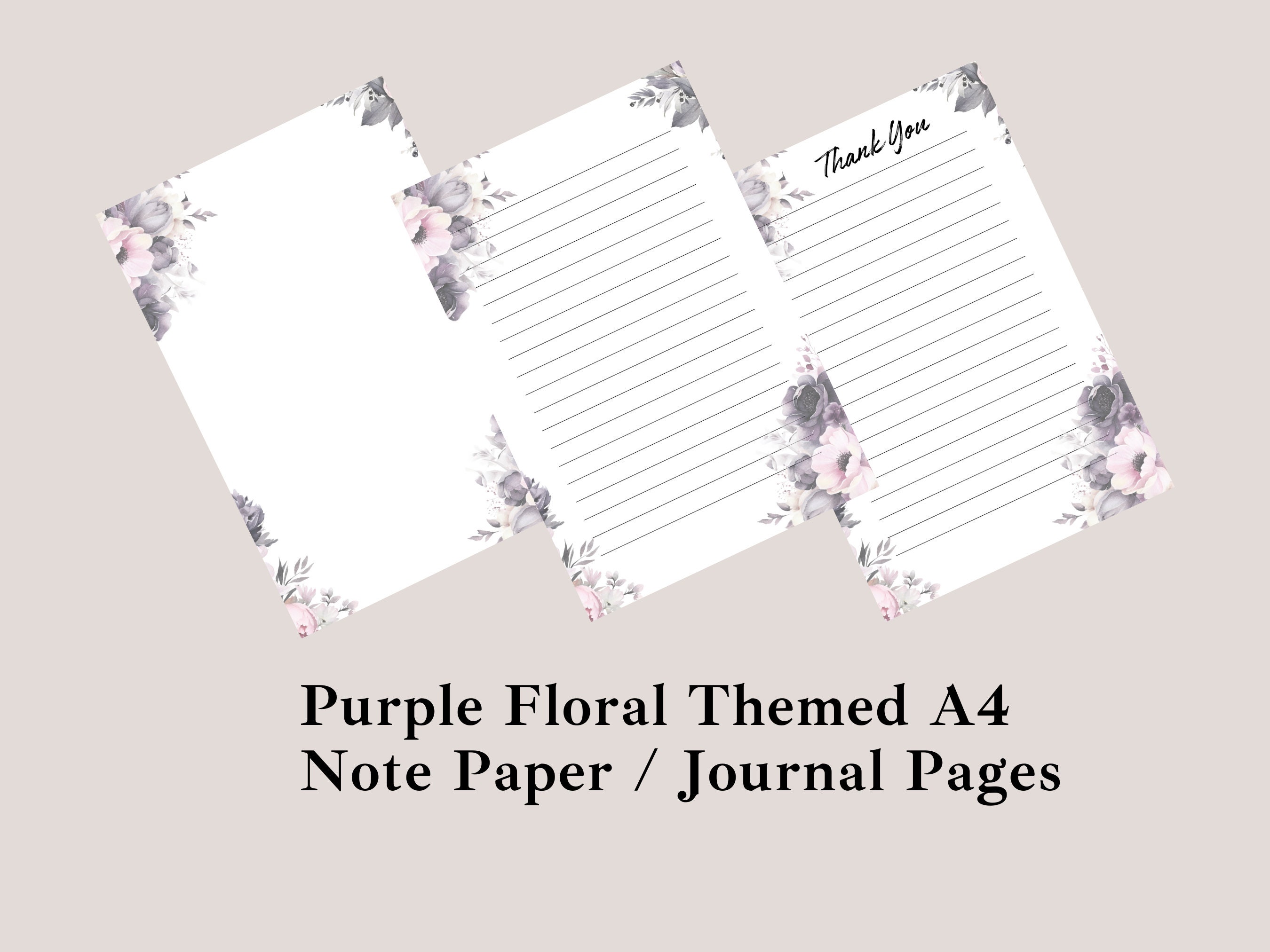 Printable Purple Floral Stationery Set, Printable Thank You Letter ...