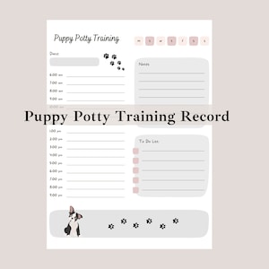 Könnte beinhalten: Ein weißes "Puppy Potty Training Record" Blatt mit einer Boston Terrier Illustration und Pfotenabdrücken. Der Rekord enthält Abschnitte für Datum, Uhrzeit, Notizen und eine To-Do-Liste. Der Titel lautet "Puppy Potty Training".