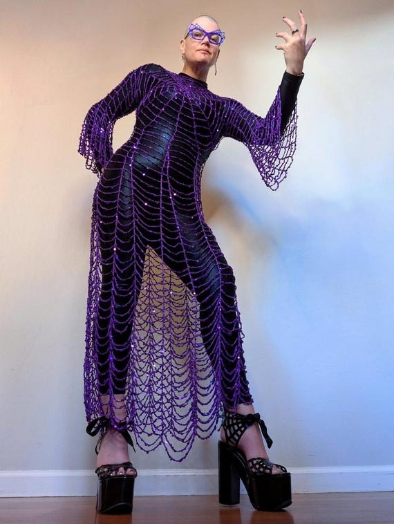 beaded spider web dress Queen maxi with flare sleeves in gothic style Over 900 feet of