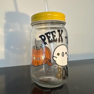 Tarro de cristal con forma de fantasma y gatito calabaza con temática de Halloween &quot;PEEK-A-BOO!&quot;