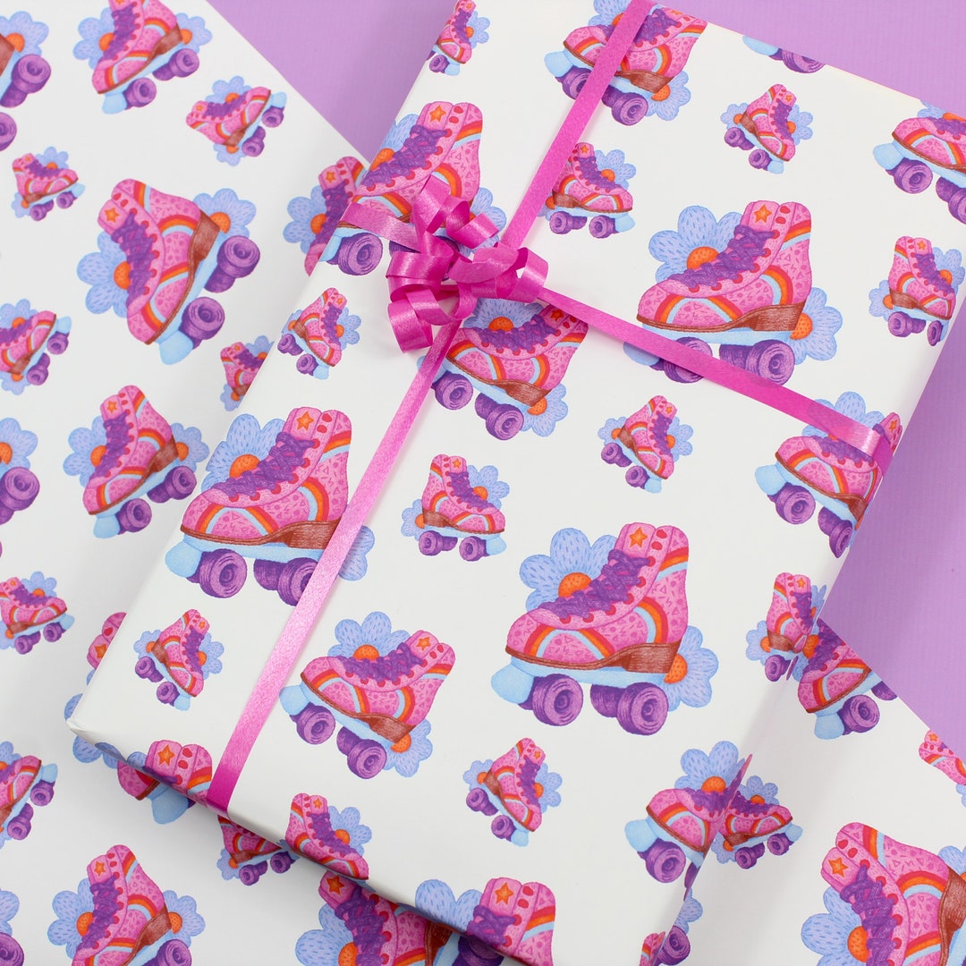 Retro Roller Skate Wrapping Paper Cute Girly Rainbow Gift Etsy