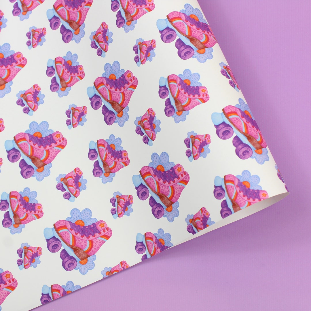 Retro Roller Skate Wrapping Paper Cute Girly Rainbow Gift Etsy