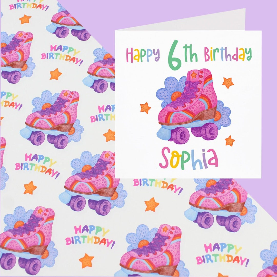 Retro Roller Skate Wrapping Paper Girls Pink Rainbow Skates Etsy