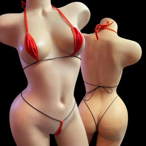 May include: A red and black bikini with thin straps. The bikini top has a triangle shape and the bottom is a string style.