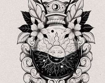 May include: Black and white illustration of a bottle with a sun and moon design. The bottle is surrounded by flowers and leaves. The bottle is in a cloud-like shape. The image is signed "PARKO 2021".