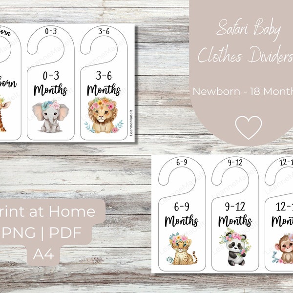 Safari Baby Animals Printable Wardrobe Clothes Dividers | Closet Hangers | Baby Girl Separators | Newborn Baby | Safari Nursery Decor