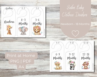 Safari Baby Dieren Afdrukbare Garderobe Kledingverdelers | Kasthangers | Scheidingstekens voor babymeisjes | Pasgeboren baby | Safari kinderkamer decor