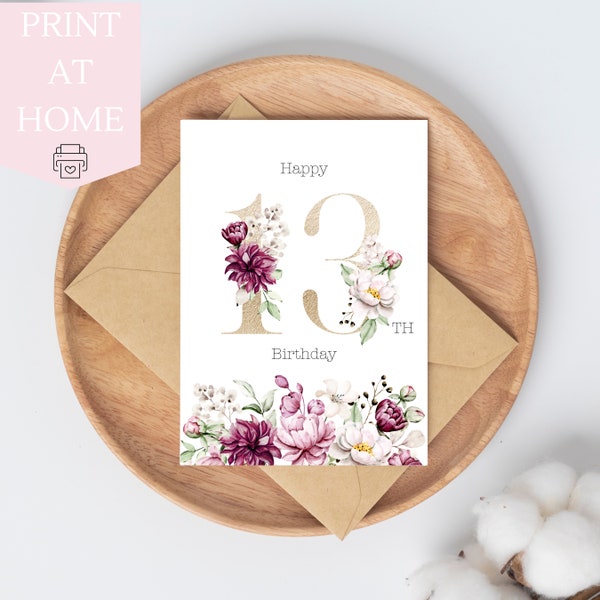 13th Happy Birthday Card for Her - Purple Peonies & Gold Foil Design - Digital Download 5x7" Daughter, Big Birthday, Special Occasion