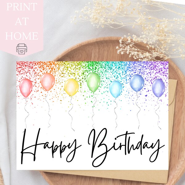 Happy Birthday Card - PRINTABLE - Rainbow Balloons Greeting Card, Children's Card, Colourful Bday Card, Print at home