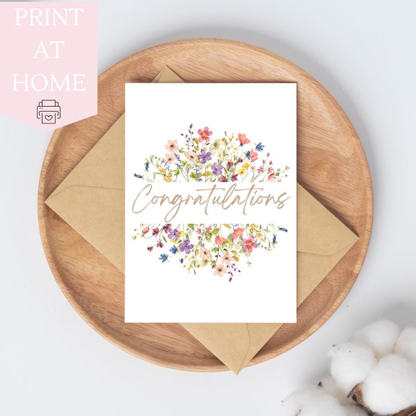 Congratulations Card - Wedding Card, New Job, House Move, New Parents, Passing your Test -  Print at Home 5"x7" - Spring Flower Design