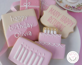 Personalised Birthday Iced Biscuits, Birthday Biscuits, Decorated Sugar Cookies, Edible Birthday Gift, Pink Birthday Cookies, Cookie Present