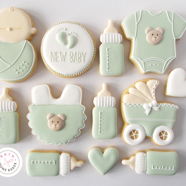 Personalised New Baby Iced Biscuits, Set of 12 Baby Shower Biscuits, Hand Decorated Cookies, Gender Neutral Baby, New Mother, Mum to Be Gift