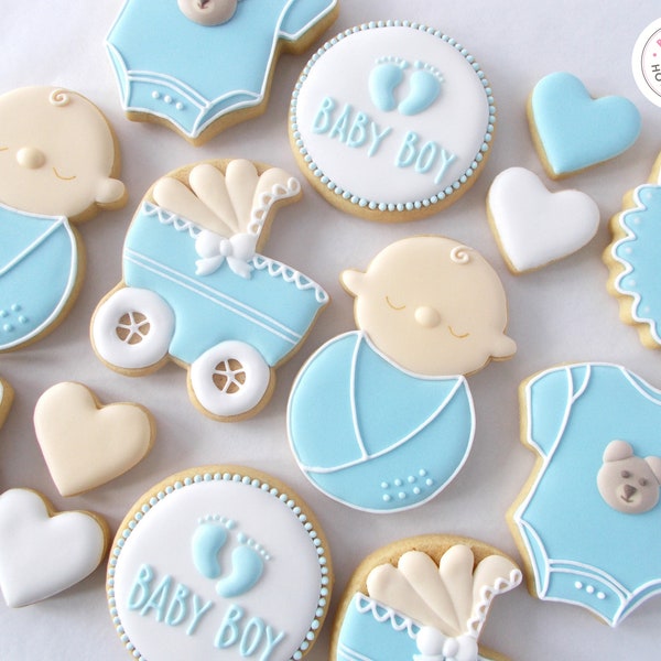 Personalised New Baby Boy Iced Biscuits, Luxury Gift Box of 19 Blue Baby Shower Biscuits, Decorated Sugar Cookies, New Mother Gift