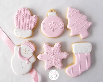 Pink Christmas Iced Biscuits, Hand Decorated Sugar Cookies, Festive Xmas Biscuits, Stocking Filler, Christmas Eve Box, Secret Santa Gift