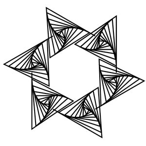 Pode incluir: Um desenho geométrico preto e branco de uma estrela de seis pontas com um padrão repetitivo de linhas que cria um efeito espiral.