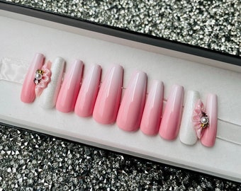 Press On Nails, Pink and White, 3D Flower