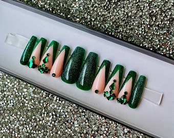 Green Bling Press On Nails, Christmas, St. Patrick’s Day, Glitter