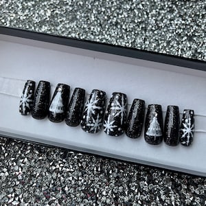 Black Christmas Press on Nails, Snowflake, Glitter, Christmas Tree